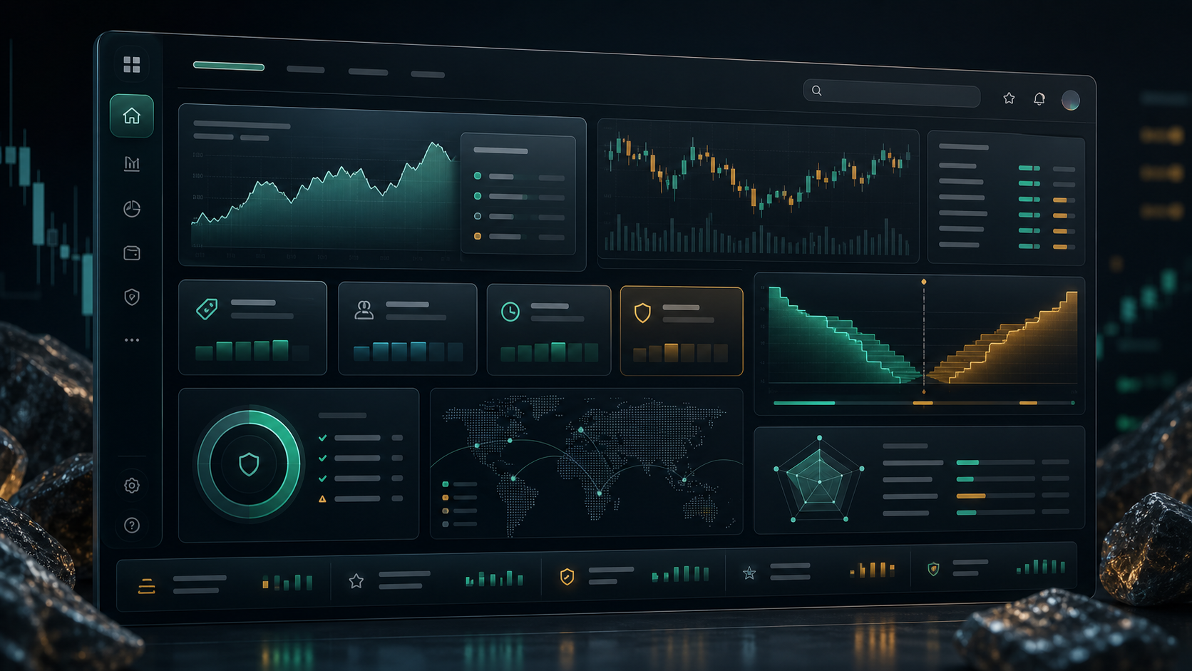 Dark crypto exchange review dashboard with fee, liquidity, reserve, and risk panels