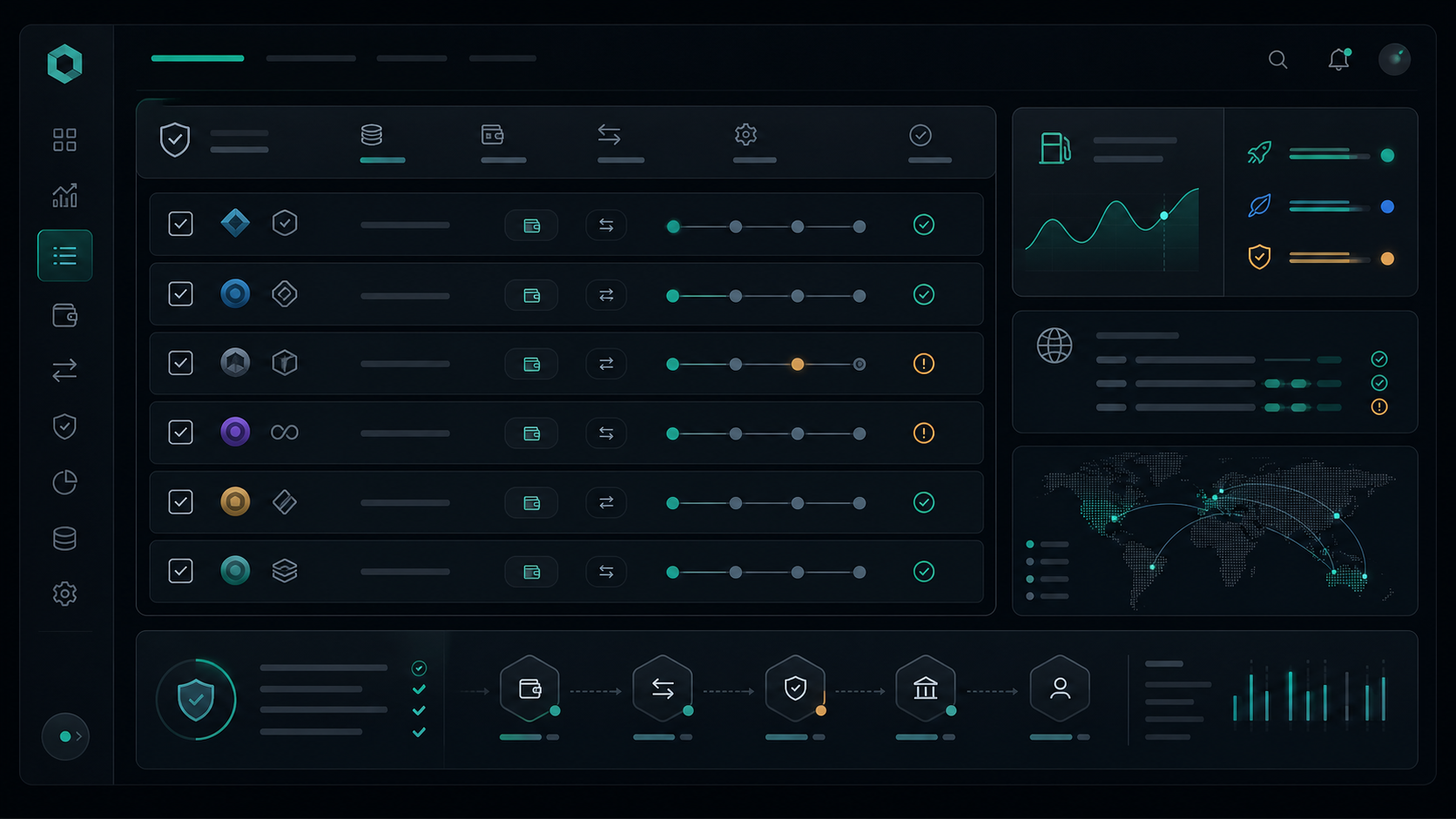 Dark crypto fee checklist dashboard with route rows, wallet icons, and network status panels